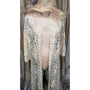 VTG 70s  Chuchi Crochet Lace Long Kimono Cardigan M Ivory Duster fairy coquette